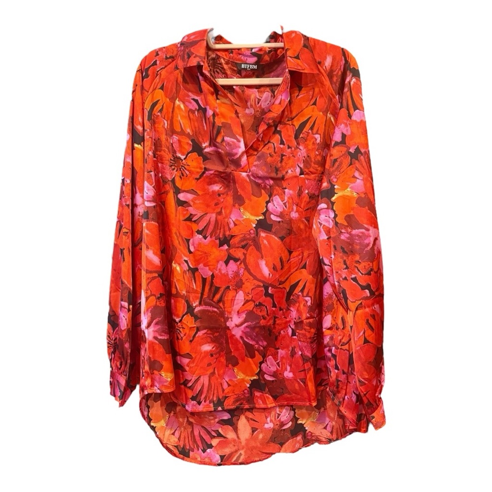 BTFBM Red/Pink Floral Blouse Hi-Lo Long Sleeve Tunic Top Size XXL NWOT AR12